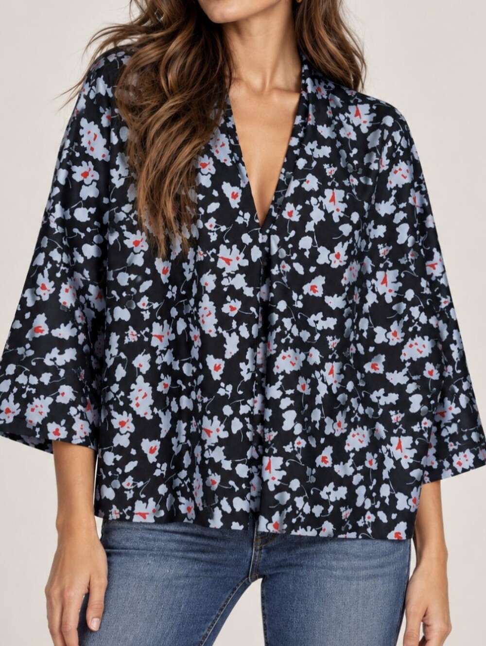 Derek Lam Blue Abstract Poppy Floral Popover Blouse Top Shirt Size 52 USA Sz 16